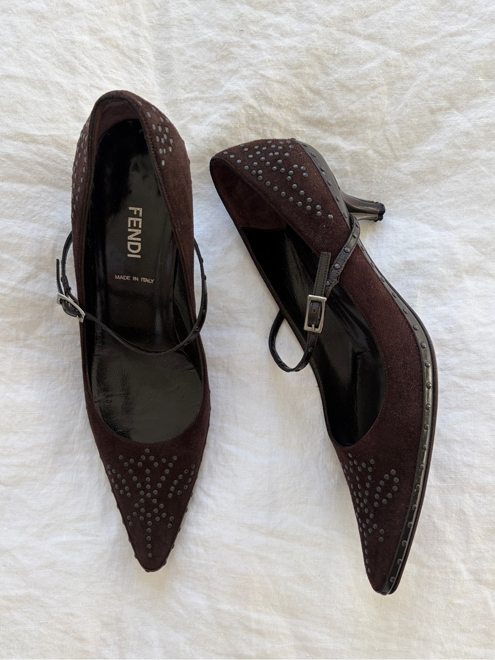 Vintage Fendi Stud Suede Metal Strap Pointy Toe Mary Jane Kitten Heels Brown